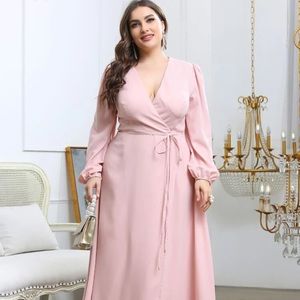 Plus Solid Puff Sleeve Belted Wrap Dress